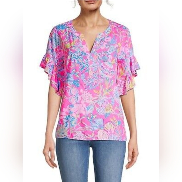 Lilly Pulitzer Tops - NWT Lilly Pulitzer Quinna Short Sleeved Top Pink Isle Shell Me Something Good S